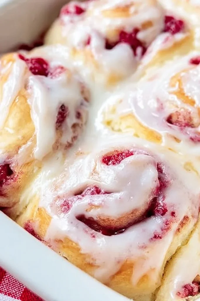 Freshly baked Raspberry Cream Cheese Sweet Rolls with a creamy filling