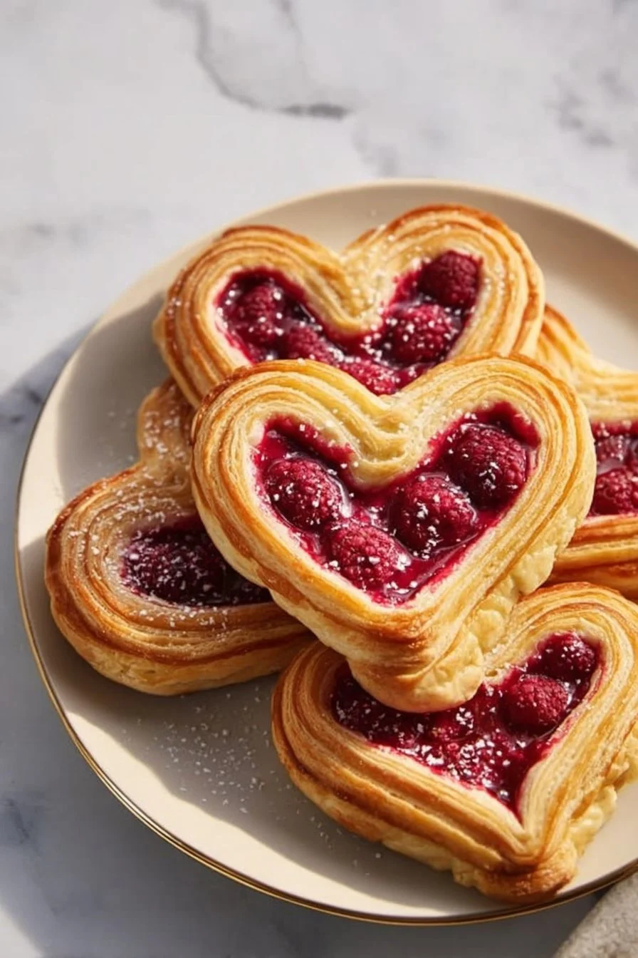 Freshly baked Raspberry Heart Danishes with flaky pastry and raspberry filling.