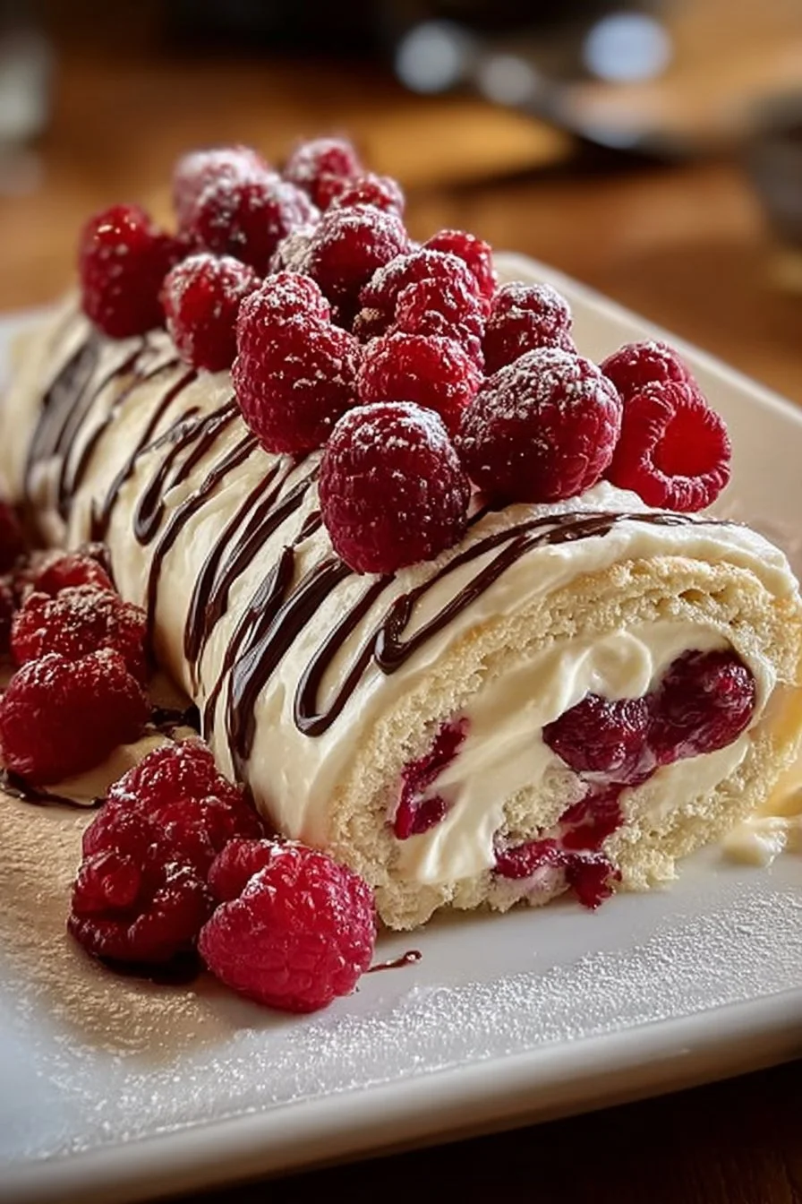 Raspberry White Chocolate Cake Roll served on a plate with fresh raspberries and white chocolate drizzles.