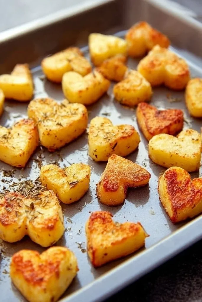 Delicious roasted heart potatoes served on a plate, crispy and golden.