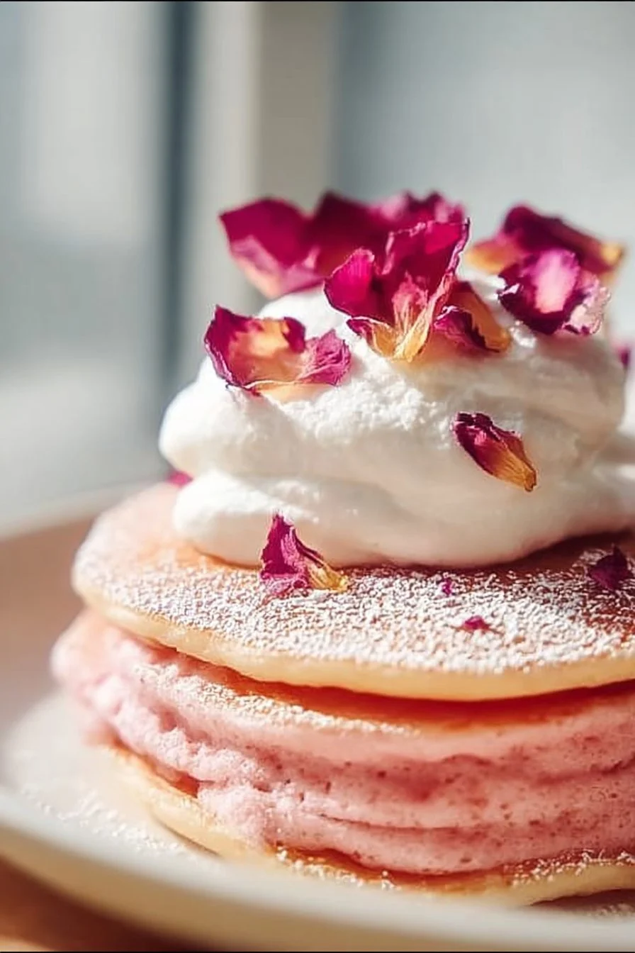 Fluffy rose water pancakes stacked and drizzled with syrup, garnished with rose petals.