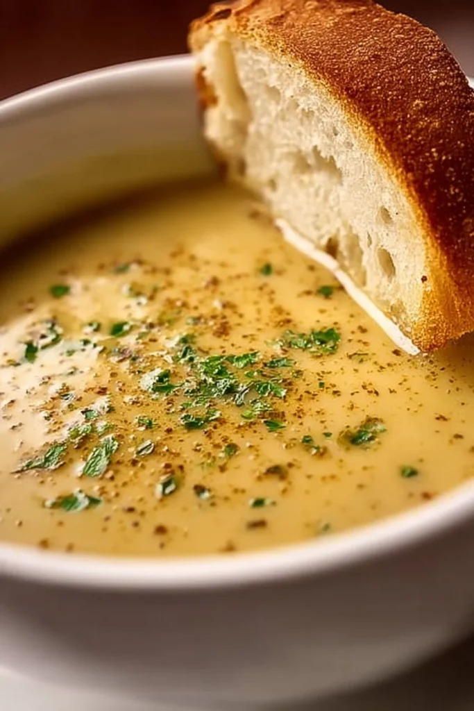 Bowl of rustic Country French style garlic soup garnished with herbs