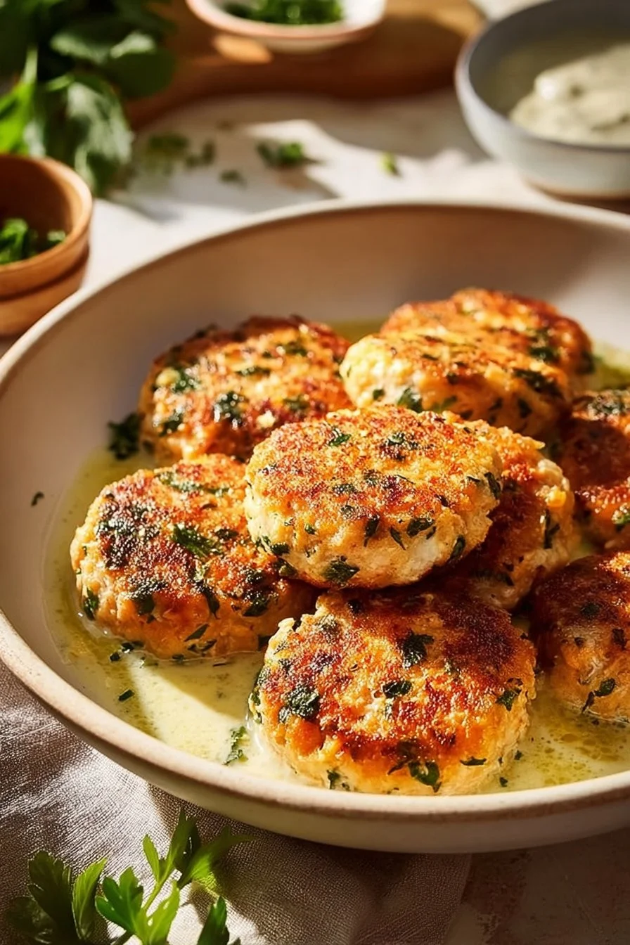 Salmon patties served with a lemon garlic sauce on a plate