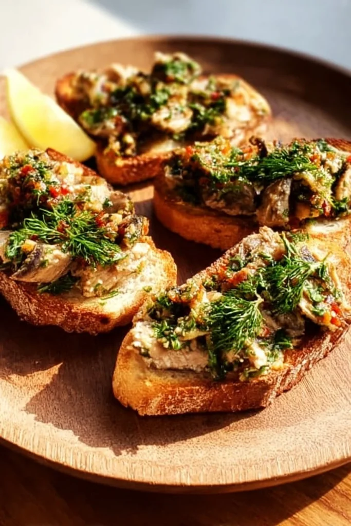 Sardine salad on toast topped with capers and seaweed