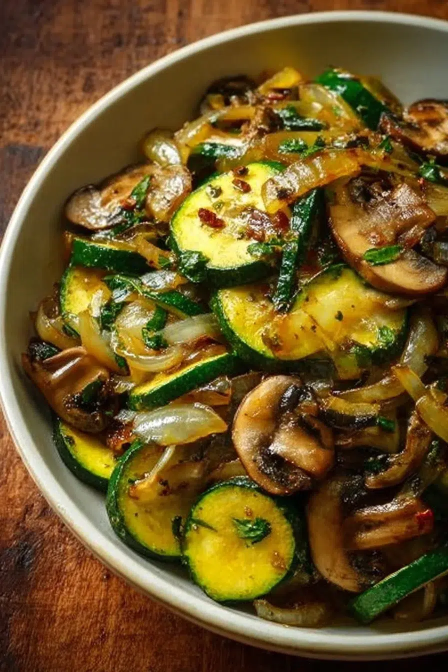 Sautéed zucchini with mushrooms and onions served in a bowl