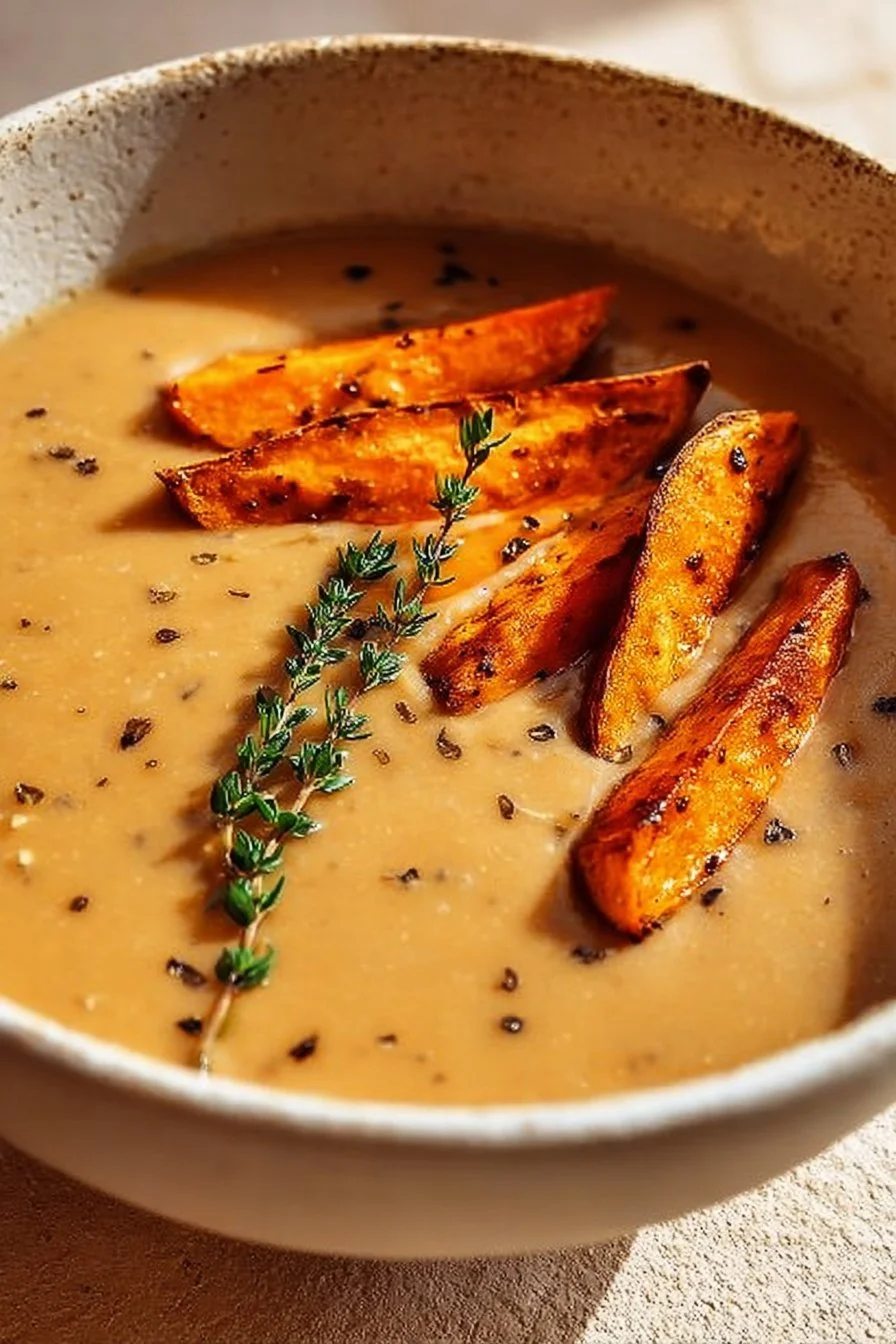 Bowl of savory Italian Sweet Potato Soup garnished with herbs