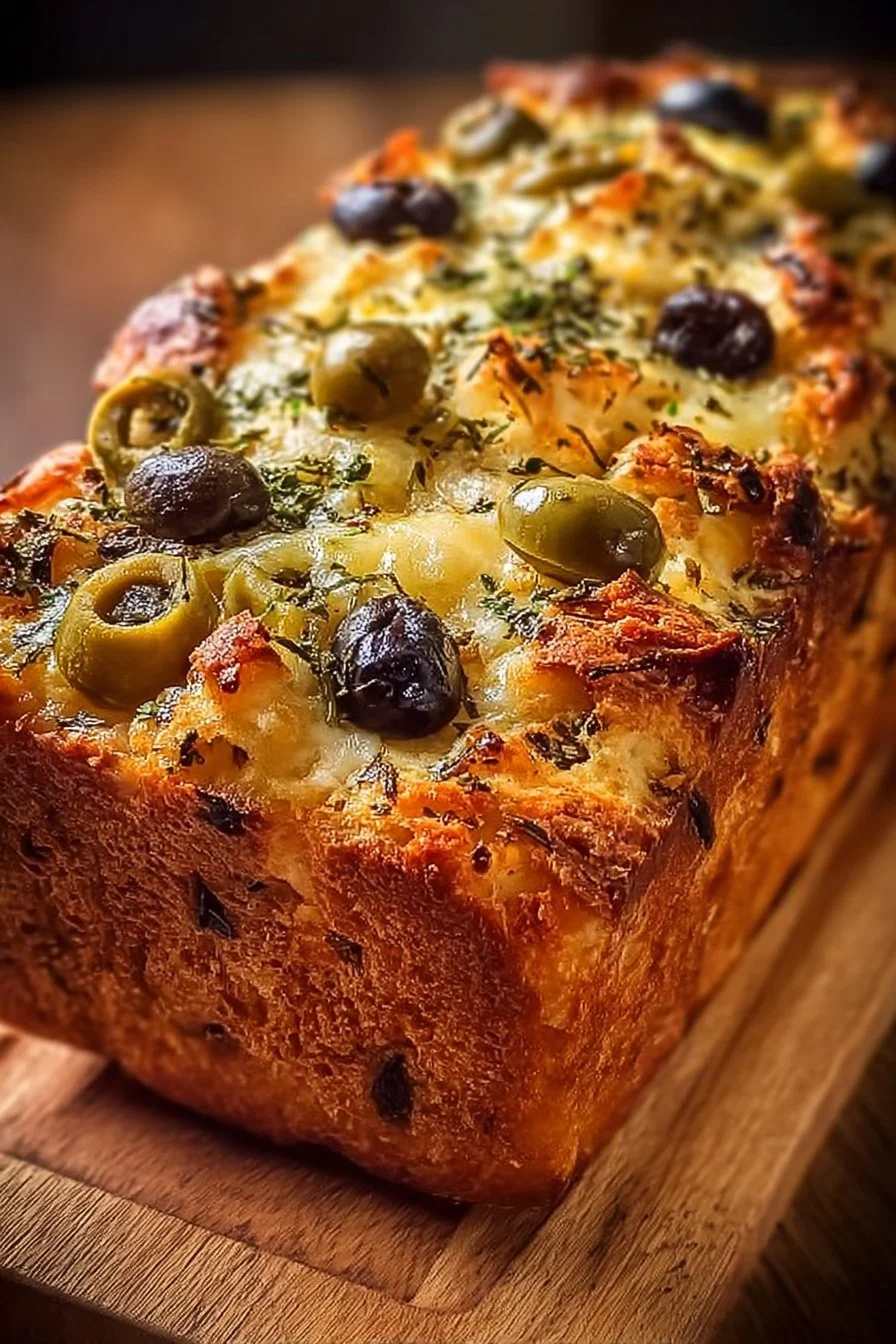 Savory quick bread with cheese and olives served on a wooden board