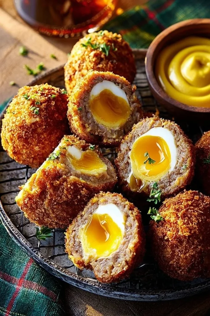 A plate of homemade Scotch eggs, golden-brown and crispy, ready to be served.