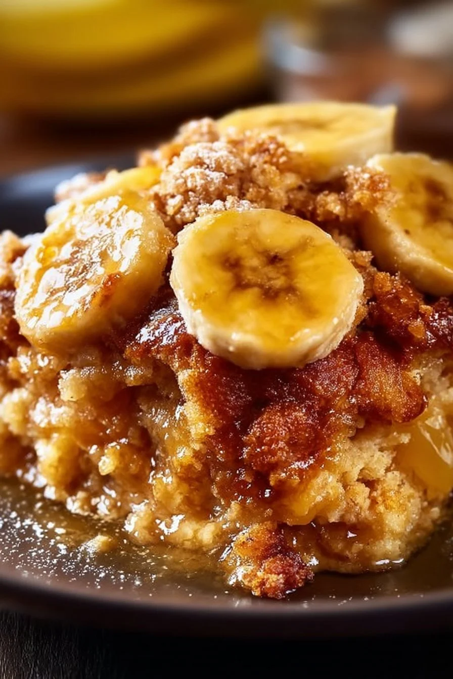 Delicious Southern Banana Cobbler topped with whipped cream and fresh bananas