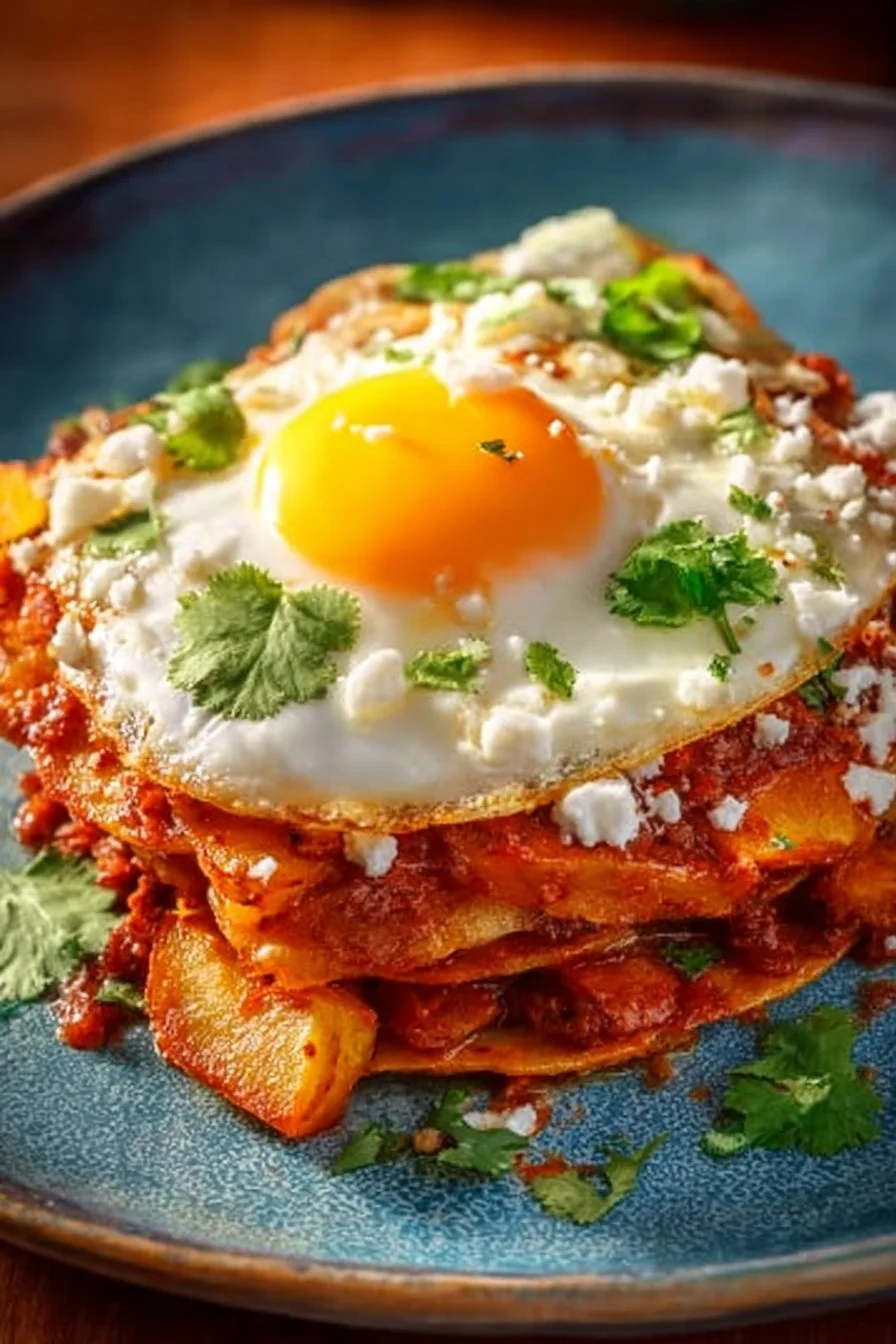 Stacked potato and chorizo enchiladas garnished with fresh cilantro