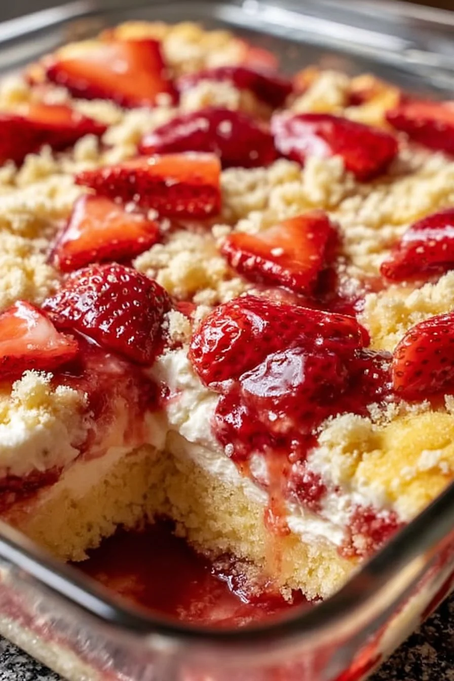Delicious Strawberry Cheesecake Dump Cake with layers of cheesecake and strawberries