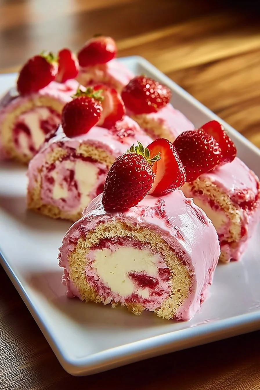 Strawberry Shortcake Cheesecake Rolls topped with fresh strawberries and whipped cream