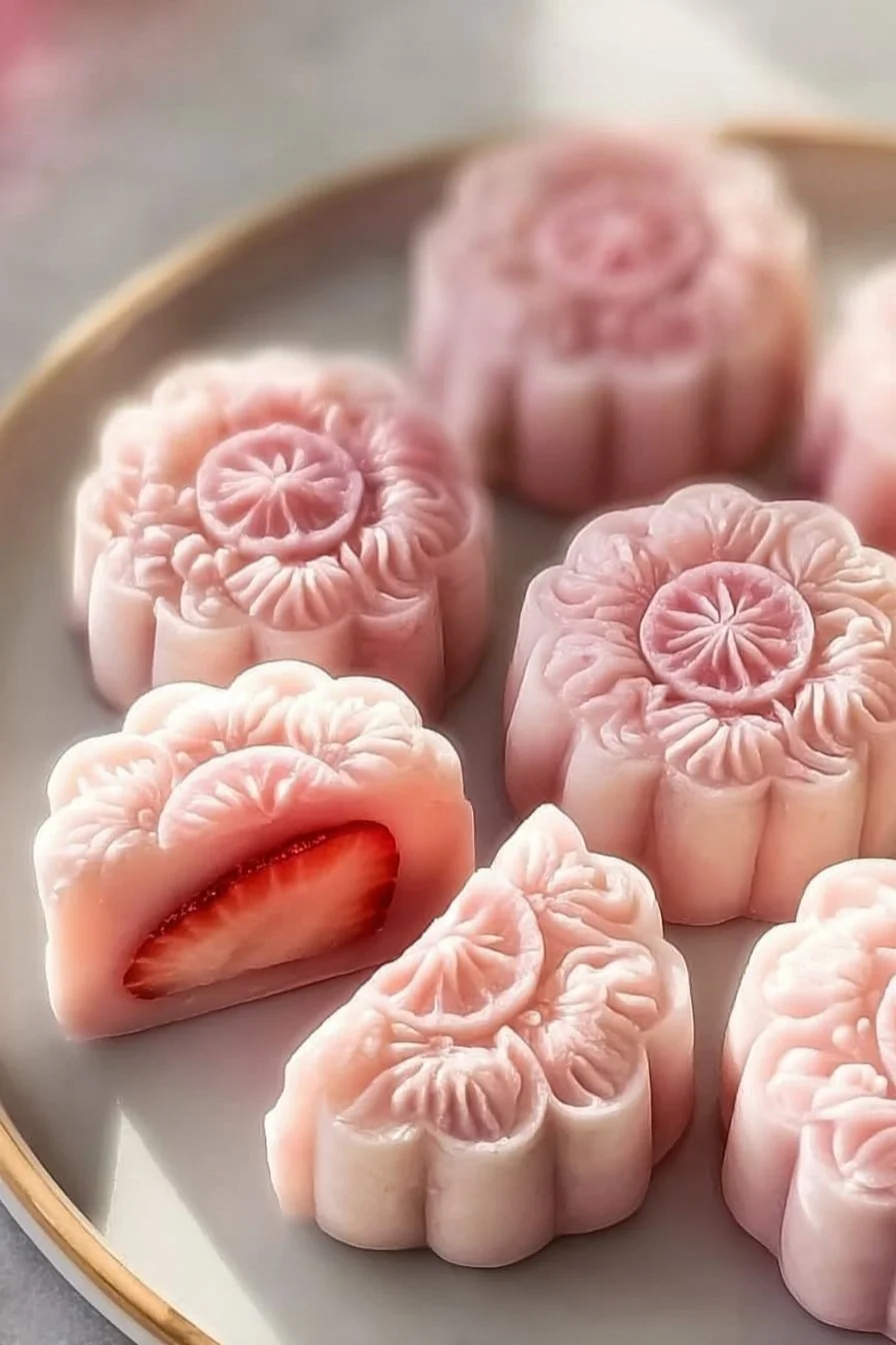 Delicious strawberry snow skin mooncakes displayed elegantly
