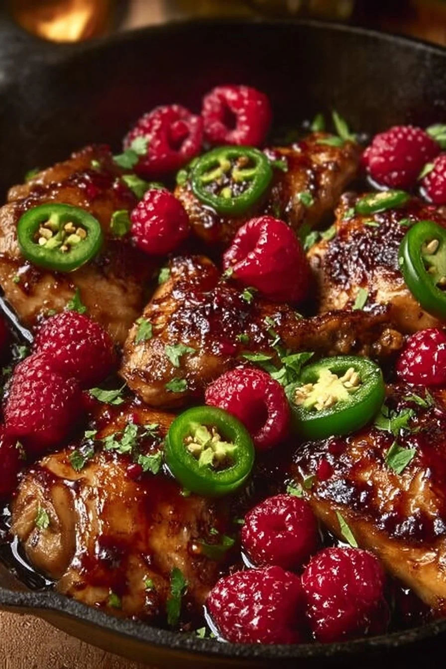Plate of sweet and spicy jalapeno raspberry chicken with fresh herbs
