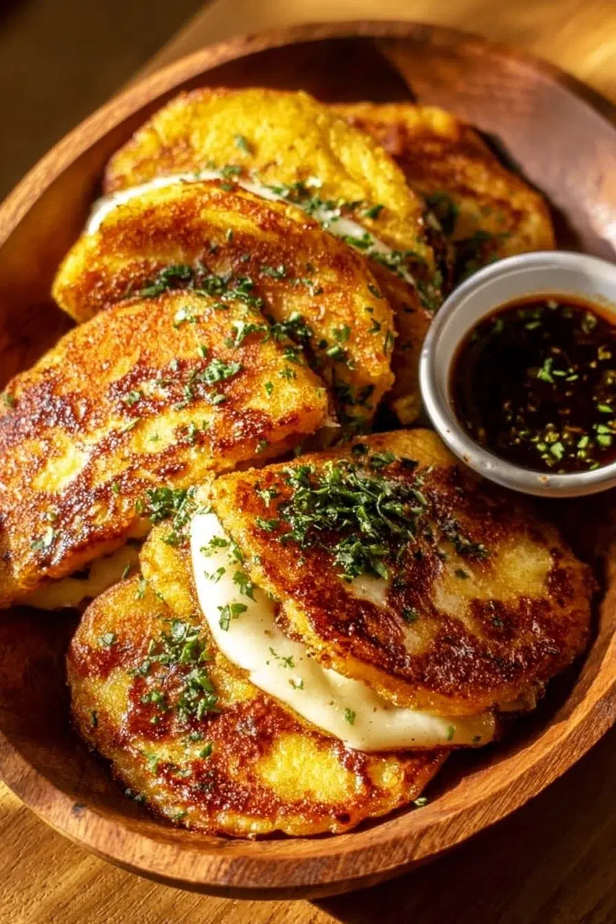 Sweet Corn Pancakes topped with melted mozzarella cheese