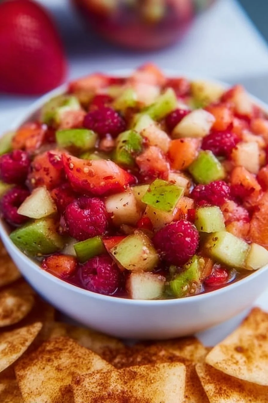 Sweet fruit salad served with cinnamon sugar tortilla chips