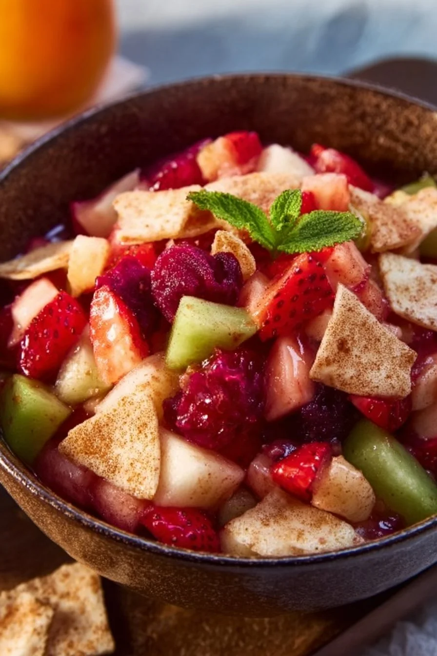 Sweet Fruit Salad with Cinnamon Sugar Tortilla Chips