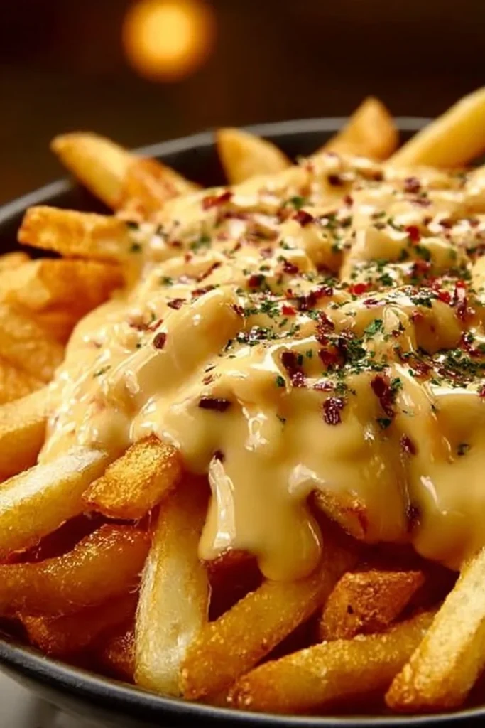 Ultimate cheese sauce drizzled over crispy fries