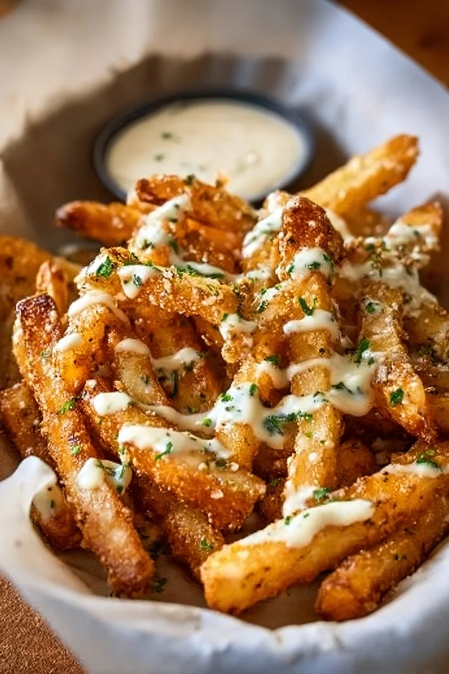 Plate of Ultimate Louisiana Voodoo Fries topped with spicy seasoning and fresh toppings.