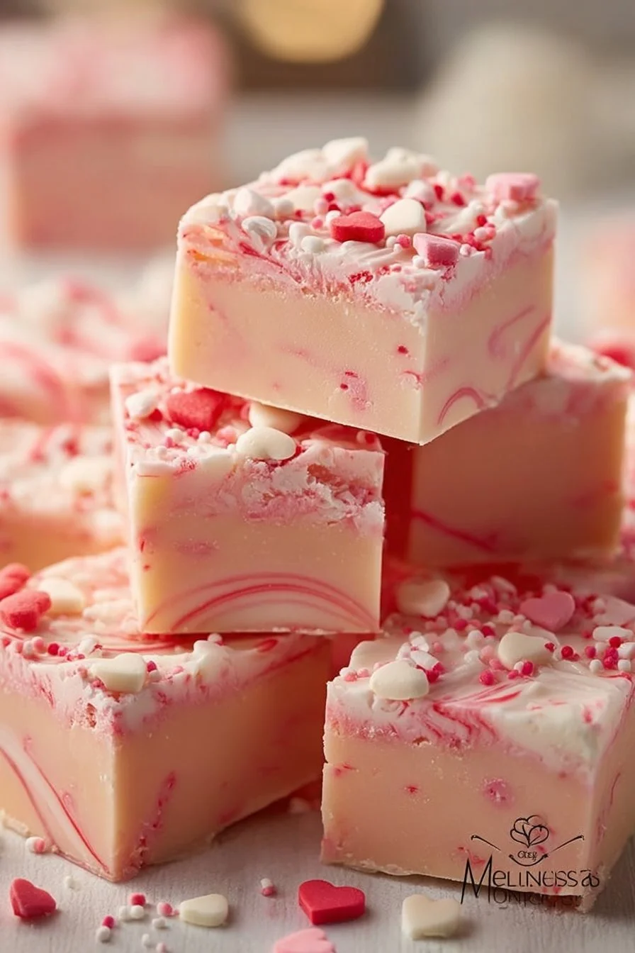 Homemade Valentine's Day sugar cookie fudge decorated with heart sprinkles.