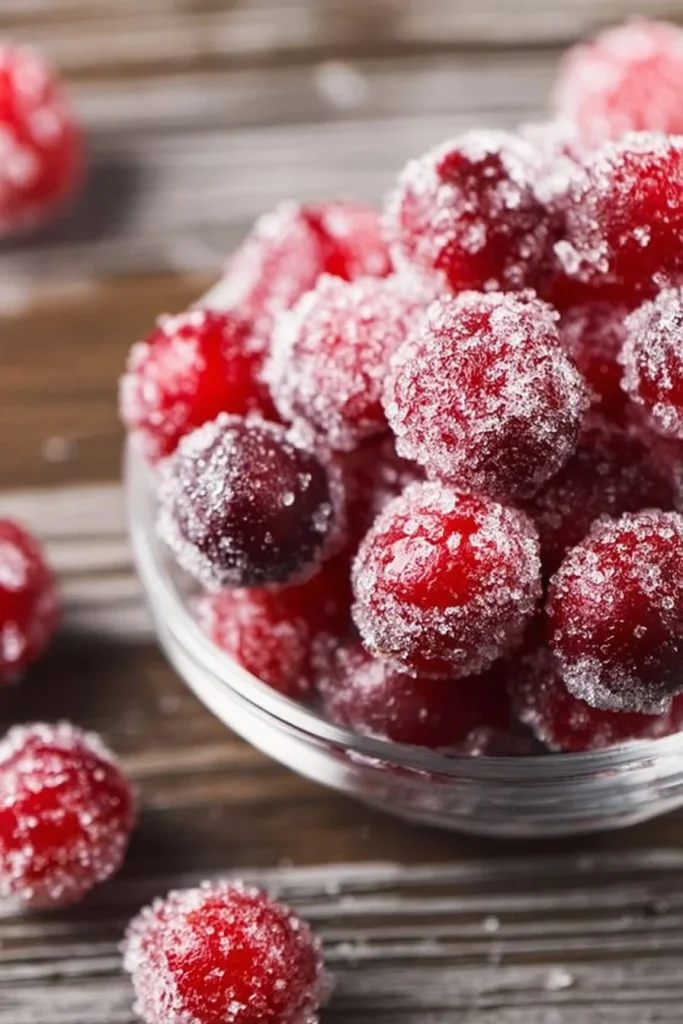 Vanilla rum sugared cranberries garnish for festive drinks