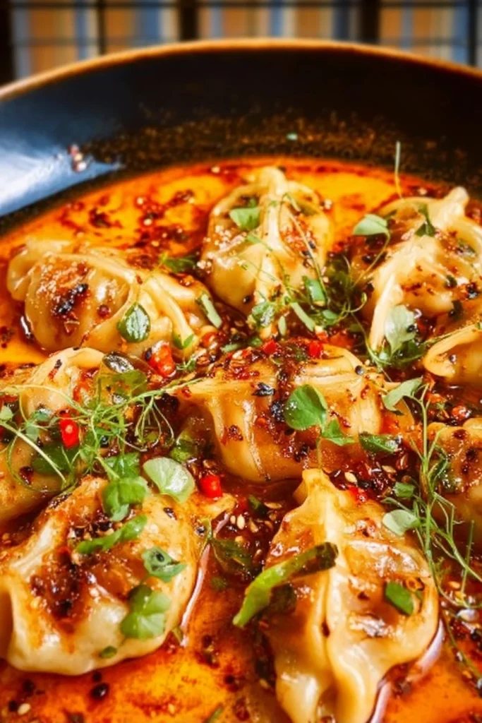 Viral baked dumplings with vibrant red curry sauce on a plate
