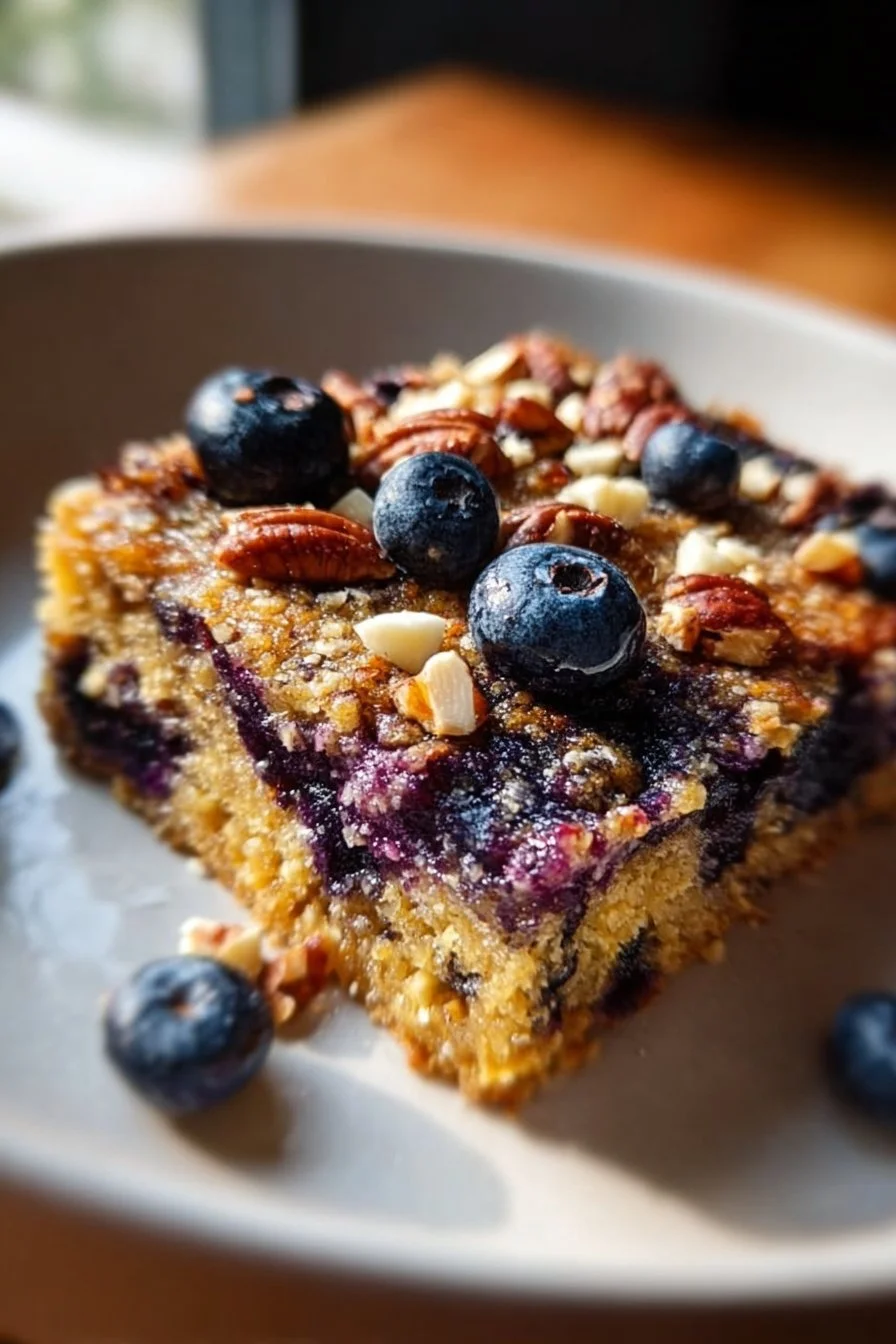 Baked blueberry quinoa breakfast dish ready to be served in a bowl.