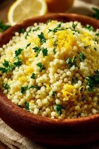 Bowl of zesty lemon parmesan couscous garnished with herbs