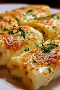 Cheesy garlic butter rollups served on a plate with melted cheese and herbs
