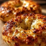Freshly baked cottage cheese bagels on a wooden serving board