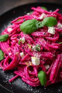 Creamy beetroot feta pasta dish with vibrant colors and fresh ingredients