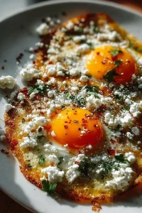 Crispy Feta Fried Eggs served with herbs and spices