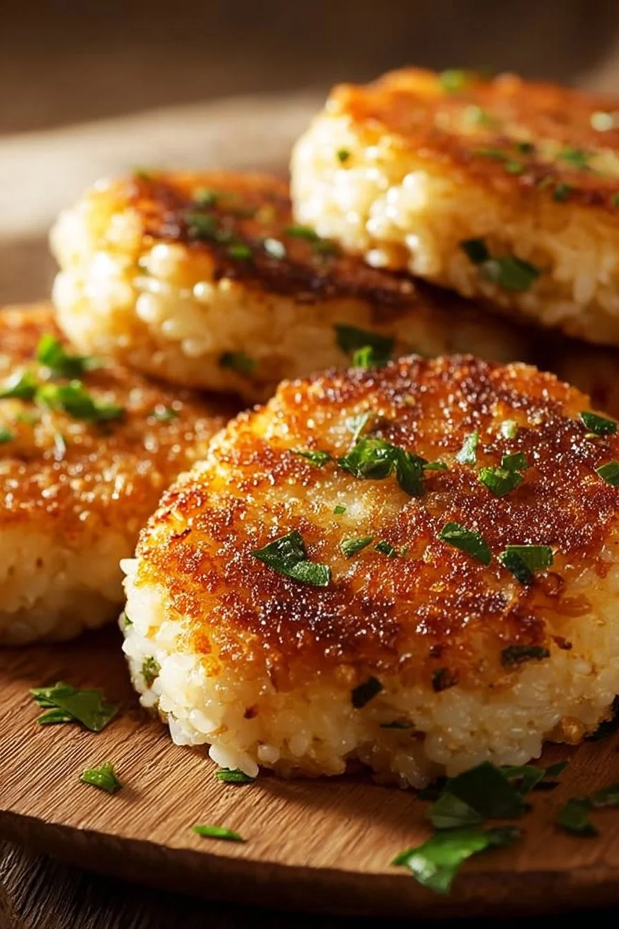 Golden crispy rice patties served on a plate, perfect for using leftovers.