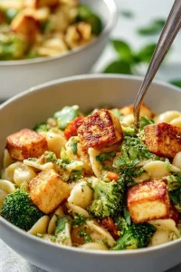 Delicious Easy Halloumi Pasta Salad with fresh ingredients