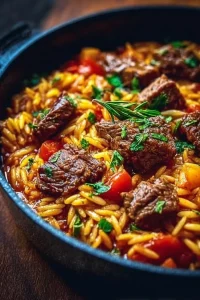 Delicious Giouvetsi Greek beef stew served with orzo pasta and herbs
