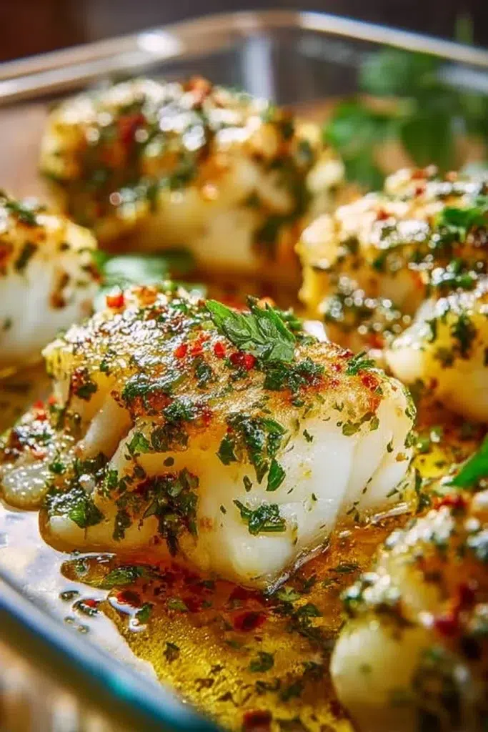 Plate of gluten-free Mediterranean baked cod with lemon and garlic