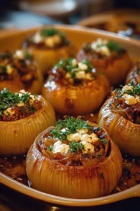 Greek stuffed onions filled with savory ingredients and herbs