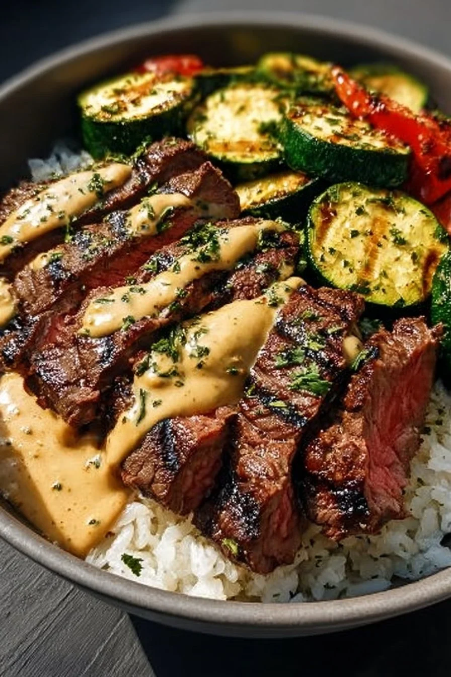 Grilled Steak Bowl with Sauce & Grilled Zucchini Bliss