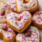 Homemade heart shaped donuts on a plate, decorated with icing and sprinkles.