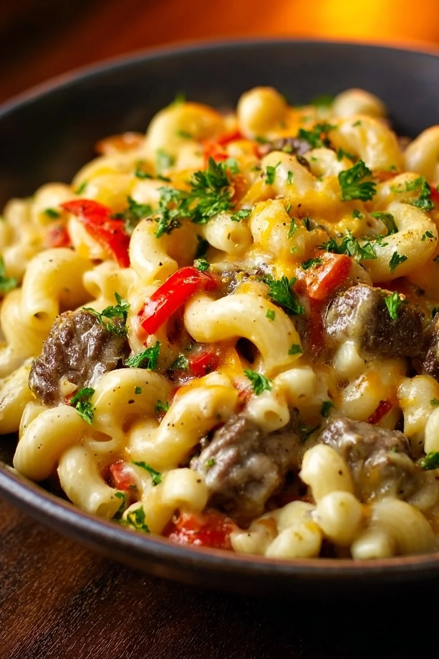 Delicious high-protein creamy Philly cheesesteak mac and cheese dish served in a bowl.