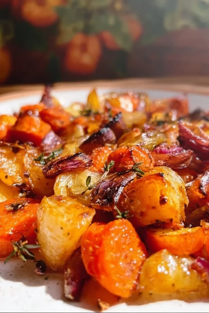 Maple dijon roasted carrots and apples served on a plate