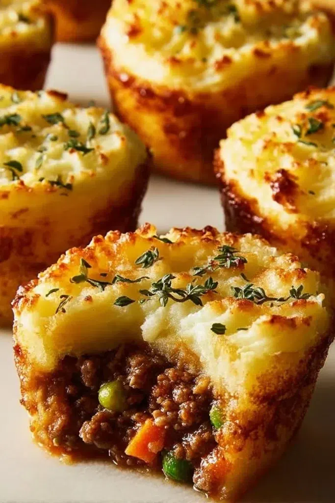 Mini Shepherd's Pies served on a plate, a twist on the classic recipe.