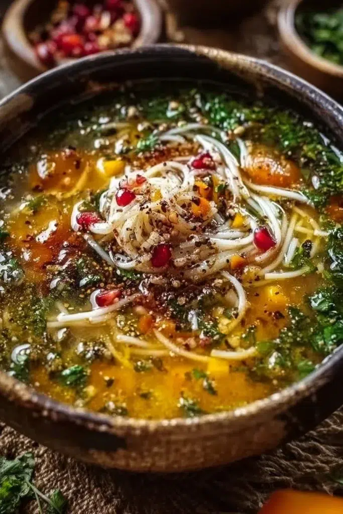 Bowl of nutritious Persian Noodle Soup garnished with herbs and spices