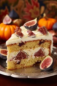 Slice of Orange Cardamom Fig Cake garnished with a fig