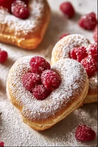 Heart-shaped raspberry doughnuts topped with glaze and fresh raspberries