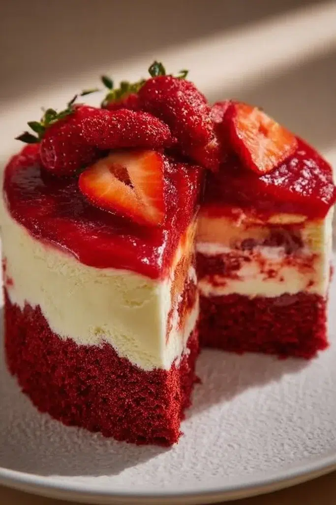 A slice of Red Velvet Strawberry Cheesecake topped with fresh strawberries.