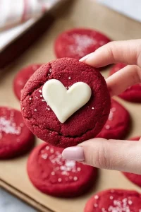 A plate of soft and chewy Red Velvet Sugar Cookies with icing and sprinkles.