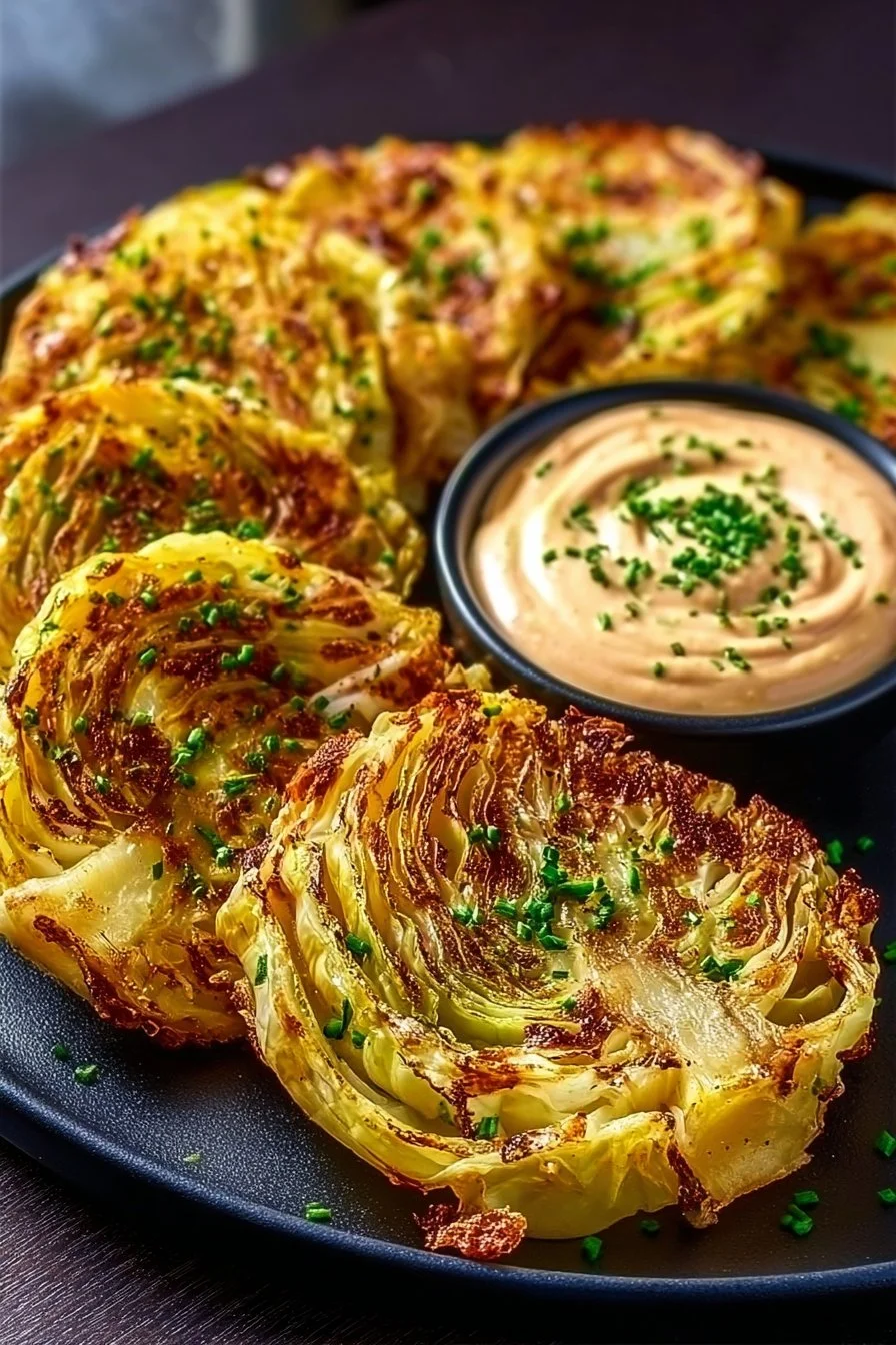 Roasted cabbage steaks served on a plate garnished with herbs.