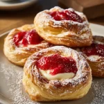 Delicious Strawberry Danish topped with cream cheese filling and fresh strawberries.