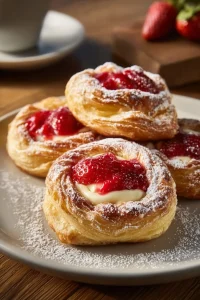 Delicious Strawberry Danish topped with cream cheese filling and fresh strawberries.